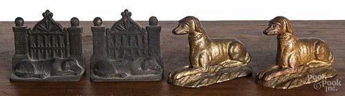 Two cast iron hound paperweights, ca. 1900, 5 1/4'' l.