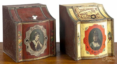 Two painted tin tea boxes, ca. 1900, one inscribed Compliments of The Great American Tea Co.