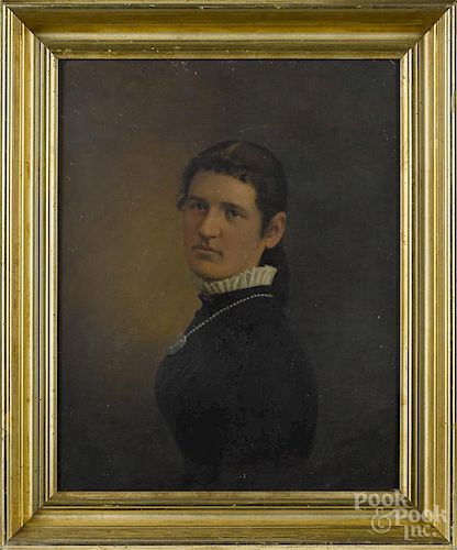 American oil on canvas portrait of a woman, late 19th c., 20'' x 16''.
