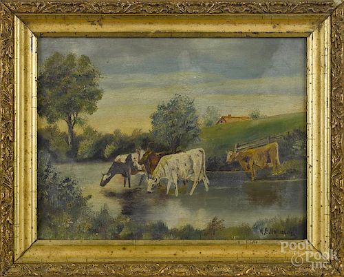 Pair of American oil on canvas bucolic landscapes, late 19th c., signed W.C. Hollman, 9'' x 12''.