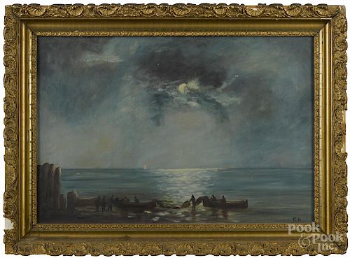 American oil on canvas moonlit coastal scene, late 19th c., initialed C.H., 15'' x 22''.