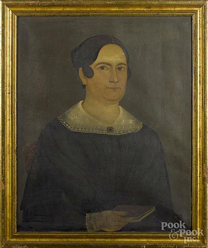 American oil on canvas folk portrait of a woman, ca. 1830, 27'' x 22''.