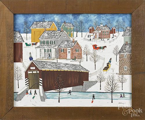 Dolores Hackenberger (American, b. 1930), oil on canvas, titled Belmont Bridge Snow Scene, signed