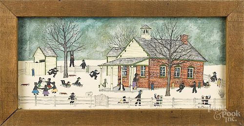 Dolores Hackenberger (American, b. 1930), oil on canvas winter scene of an Amish schoolyard, signed