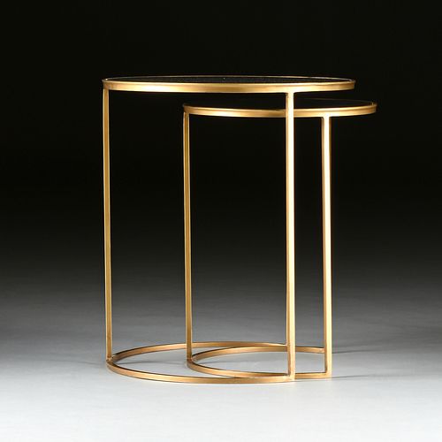 A CONTEMPORARY TWO PIECE SET OF MIRROR TOPPED GILT LACQUERED METAL NESTING TABLES,