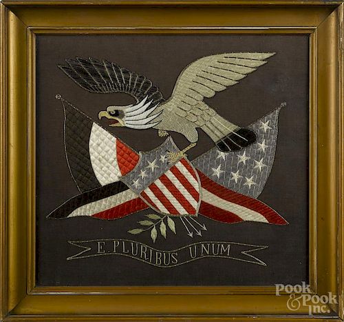 South Pacific silk embroidery of an American eagle, late 19th c., 15'' x 16''.