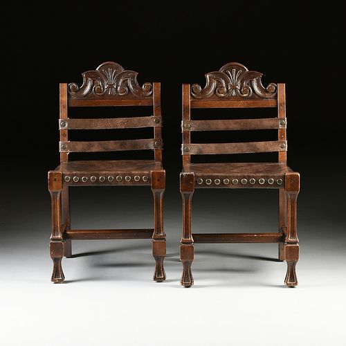 A PAIR OF SPANISH COLONIAL STYLE LEATHER UPHOLSTERED AND STAINED WOOD SIDE CHAIRS, LATE 20TH CENTURY,