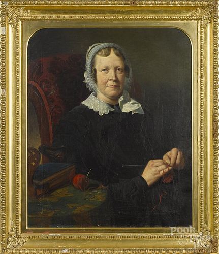 Oil on canvas portrait of a woman knitting, signed G. Sykes '59, 30'' x 24 1/2''.