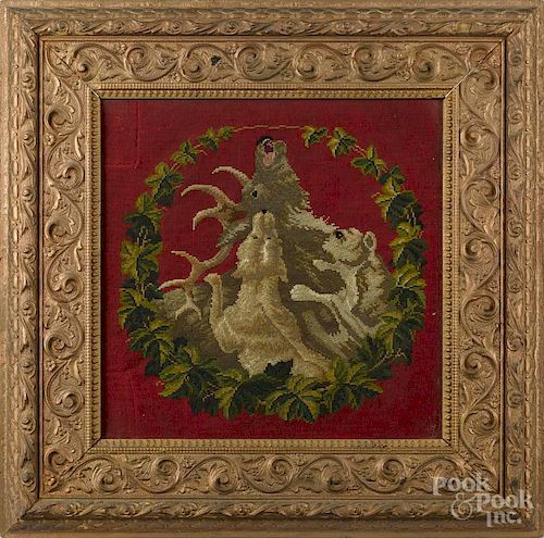 Needlework picture of a stag and hounds, late 19th c., 15 1/4'' x 15 1/4''.