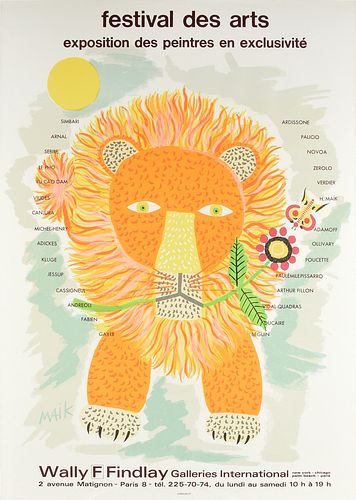 HENRI MÄIK (French 1922-1993) A PAIR OF PRIMITIVE PRINTS, "Festival des Artes Exposition des Peintres en Exclusivité: Lion with flower and Butterfly,"