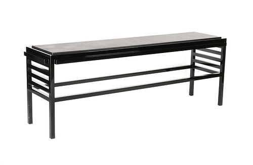 A VIENNA SECESSIONIST STYLE BLACK LACQUERED WOOD AND LEATHER TOPPED CONSOLE TABLE, MODERN, 