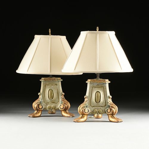 A PAIR OF ITALIAN BAROQUE STYLE GILT PAINTED WOOD CANDLESTICK BASE LAMPS, 20TH CENTURY,