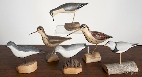 Three carved and painted shorebird decoys, signed Jim & Pat Slack, tallest - 8''
