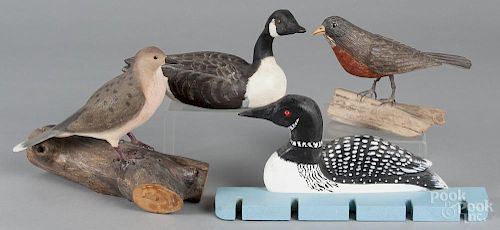 Four contemporary bird carvings, to include a goose, signed Billy Gittens, '79, a dove, signed B.