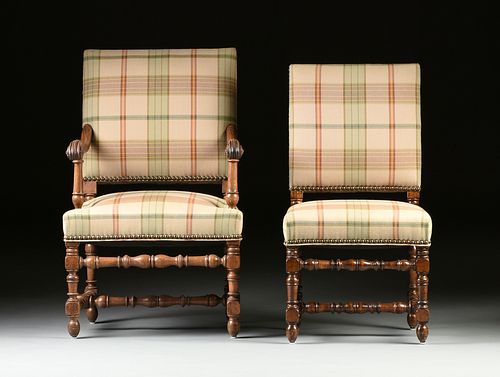 A SET OF SIX BAROQUE STYLE PLAID UPHOLSTERED AND CARVED WALNUT DINING CHAIRS, MODERN,