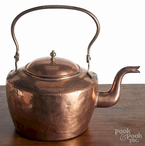 Dovetailed copper kettle 19th c., with a swing handle, stamped G. K., 12'' h.