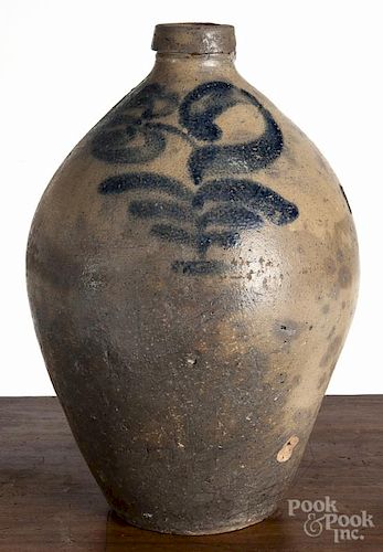 American ovoid stoneware jug, early 19th c., with cobalt floral decoration, 14'' h.