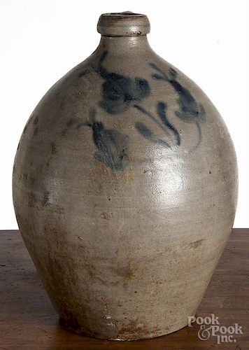 American ovoid stoneware jug, early 19th c., with cobalt floral decoration, 13'' h.