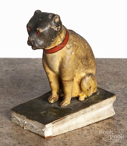 Composition bulldog squeak toy, 19th c., with an articulated jaw, 5'' h.
