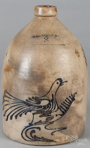 New York stoneware jug, 19th c., impressed Whites Utica, with cobalt bird decoration, 15'' h.