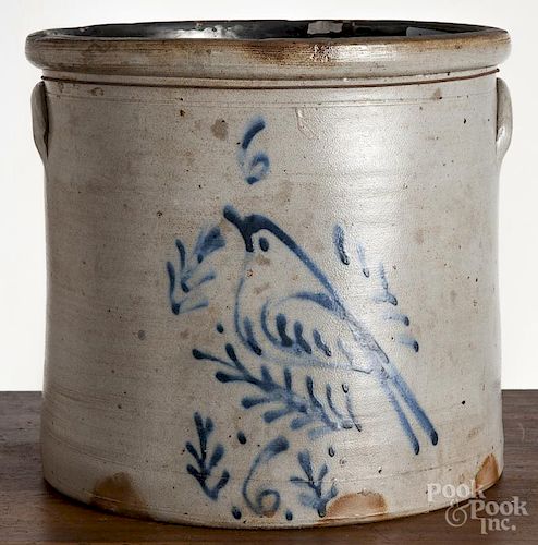 American six-gallon stoneware crock, 19th c., with cobalt bird decoration, 11 3/4'' h.