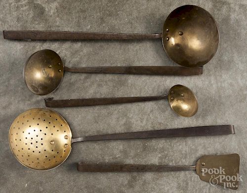 Five Ohio brass and wrought iron kitchen utensils, stamped F. B. S. Canton O/ Pat. Jan. 26 86