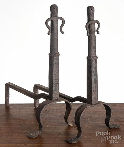 Pair of wrought iron figural andirons, ca. 1900, 17 1/4'' h.