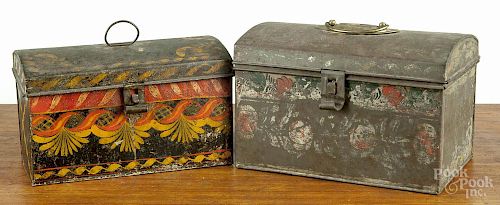 Two toleware dome lid boxes, 19th c., retaining their original polychrome decoration, 5 1/2'' h.