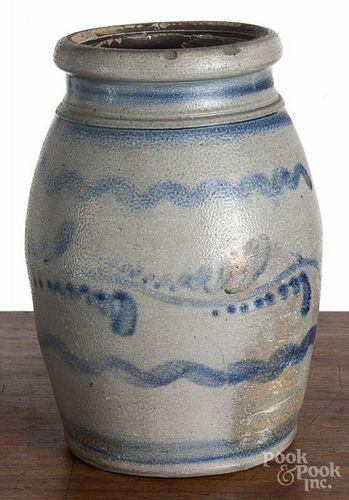 Western Pennsylvania stoneware jar, 19th c., with cobalt squiggle lines and foliate spray, 9 3/4'' h.