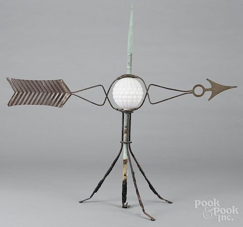 Tin and copper weathervane, 19th c., with milk glass lightning ball, 29 3/4'' h.