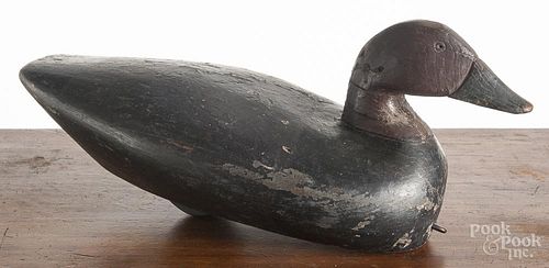 Carved and painted canvasback duck decoy, early 19th c., 17'' l.