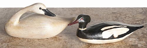 Pat Porterfield, three signed miniature decoys, 20th c., to include a pair of mergansers and a swan