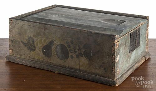 Painted pine slide lid box, 19th c., with fruit decoration on a blue ground, 5 1/2'' h., 14 3/4'' w.