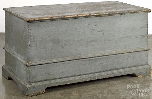 Pennsylvania painted pine blanket chest, dated 1792, tin lined, retaining the original blue surface