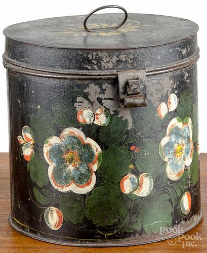 Painted toleware canister, 19th c., 7 1/4'' h.