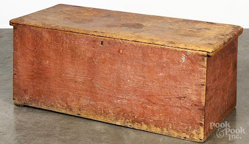 New England painted pine blanket chest, 18th c., retaining their original salmon surface, 19'' h.