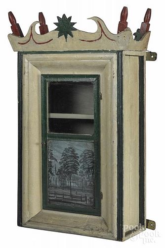 Folk Art painted hanging cupboard, 19th c., made from a clock case, 32 1/4'' h., 17 1/4'' w.