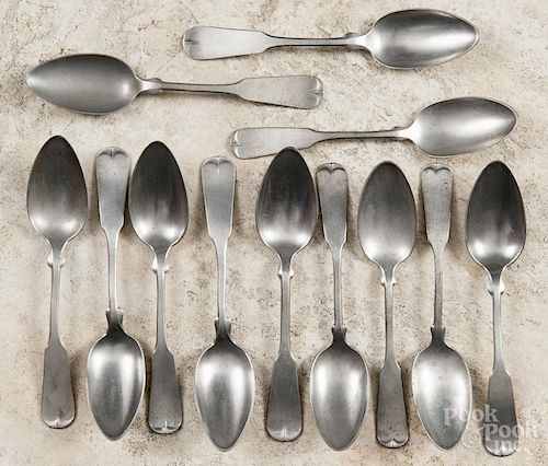 Pewter standish, 19th c., together with a soap dish and twelve reproduction spoons.
