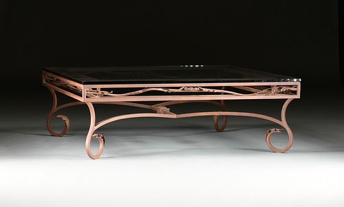 A MODERN NEOCLASSICAL STYLE WROUGHT IRON AND GLASS PATIO COFFEE TABLE, LATE 20TH CENTURY,