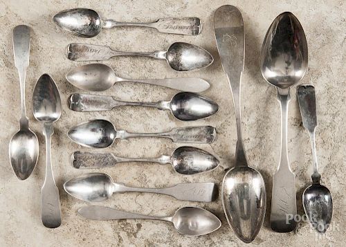 New York coin silver spoons, to include examples by L. Clark, Lockwood, A. Mathey, N. Matson