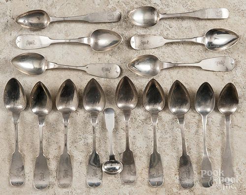 Massachusetts coin silver spoons, to include examples by Harris & Stanwood, John Farr, E. Horn, etc.