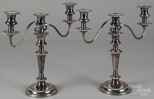 Pair of silver-plated candelabra, late 19th c., 12 1/4'' h.