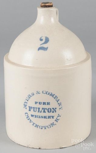 Kentucky stenciled two-gallon stoneware jug, ca. 1900, inscribed Myers & Company Pure Fulton