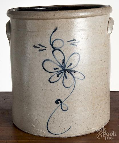 Mid-Atlantic six-gallon stoneware crock, 19th c., with cobalt floral decoration, 13 1/2'' h.
