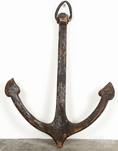 Large painted pine anchor, 19th c., 39'' h.