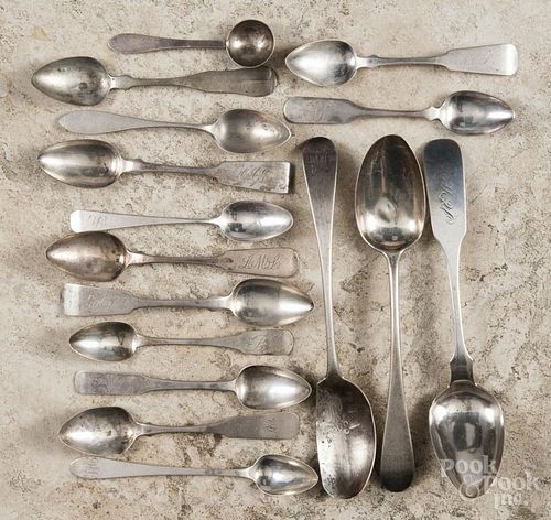 Coin silver spoons, 18th/19th c., unmarked and illegible marks, 11.3 ozt.