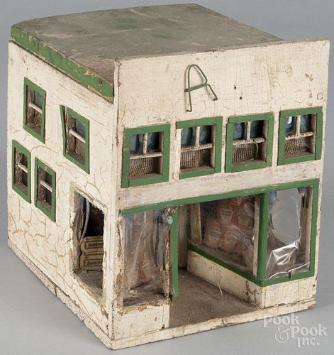 Folk art painted country store building, ca. 1900, 9 1/4'' h., 7 1/2'' w.