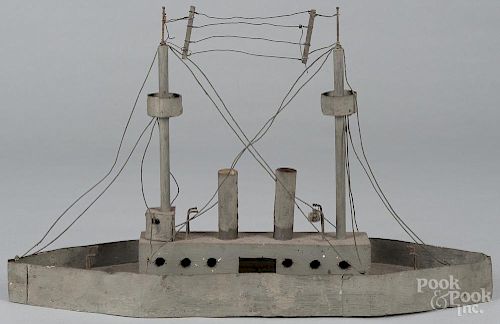 Painted tin and wood battleship model, early 20th c., 12'' h., 19 1/2'' l.
