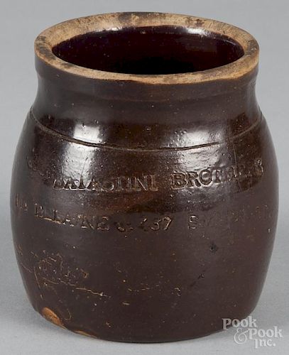Stoneware merchant jar, ca. 1900, impressed Batasini Brothers 114 Delaine & 437 Smith St.