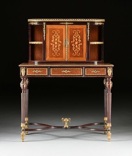 AN ENGLISH ORMOLU MOUNTED AND MARQUETRY INLAID MAHOGANY BONHEUR DU JOUR, LATE 19TH/EARLY 20TH CENTURY,